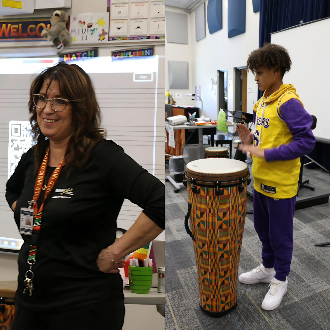  Judi Unger and a student playing drums